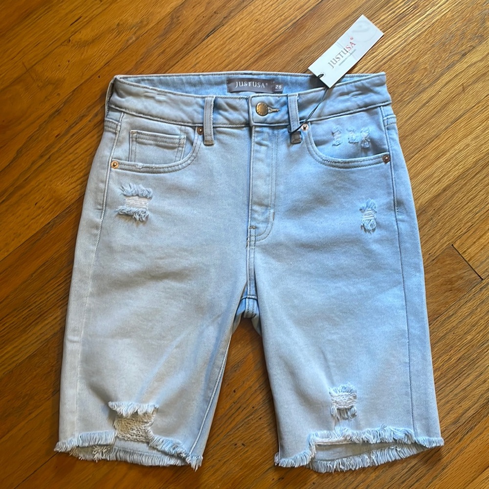 Just USA Light Wash High Rise Frayed Hem Bermuda Shorts